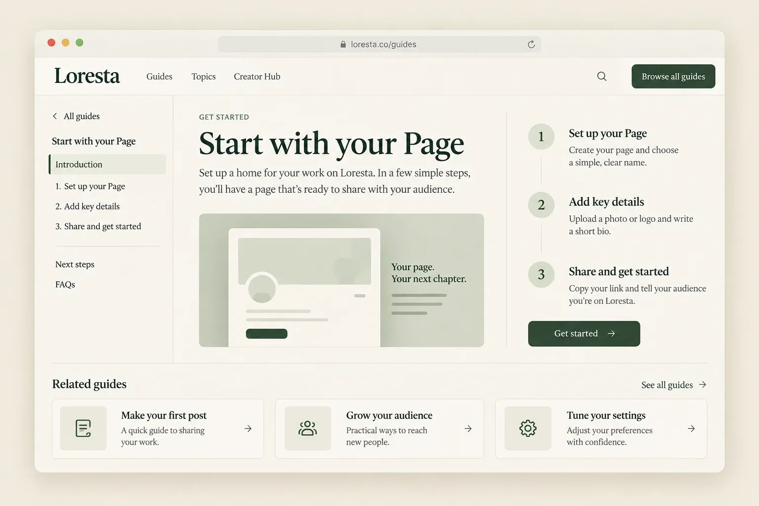Illustrative creator guide with a Page setup checklist and related resources.