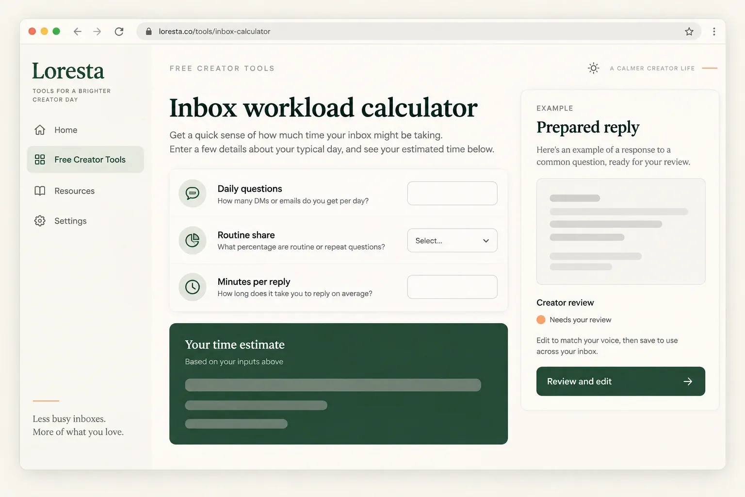 Illustrative inbox workload calculator with inputs for daily questions, repeated share and minutes per reply.
