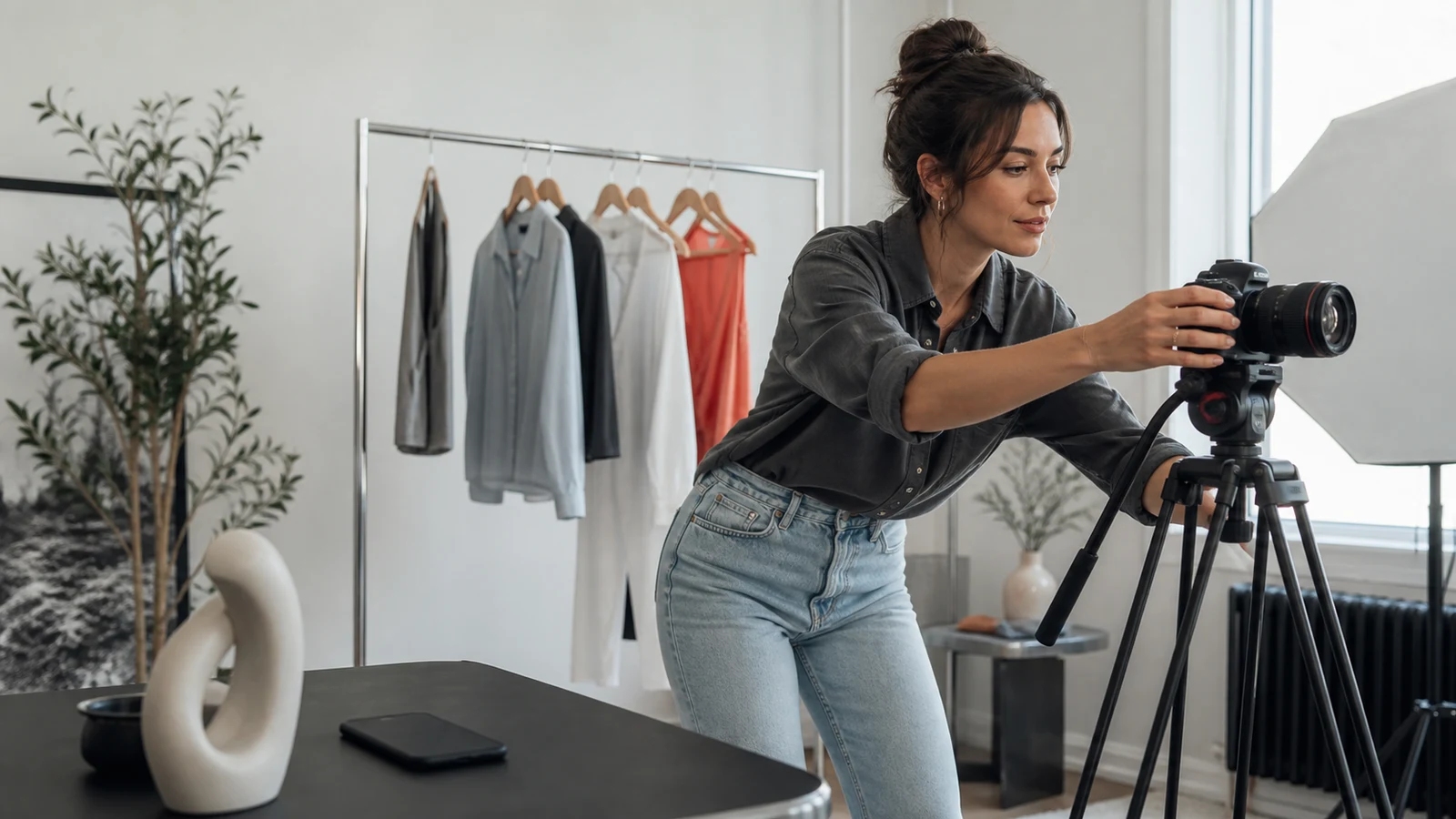 A creator setting up a camera to film content in a home studio