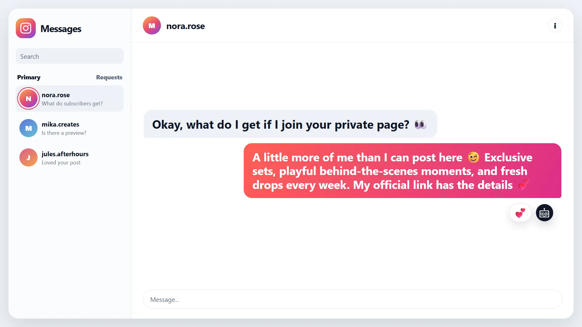Instagram direct message with a concise creator-style answer