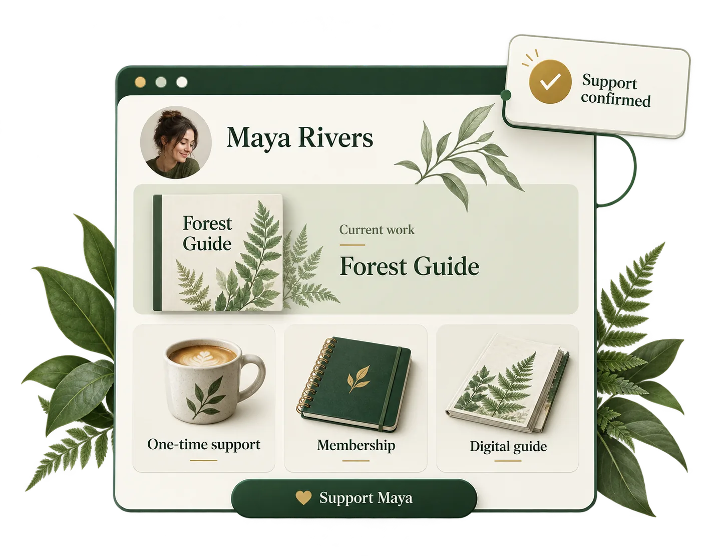 Example Creator Page showing current work and three ways to support