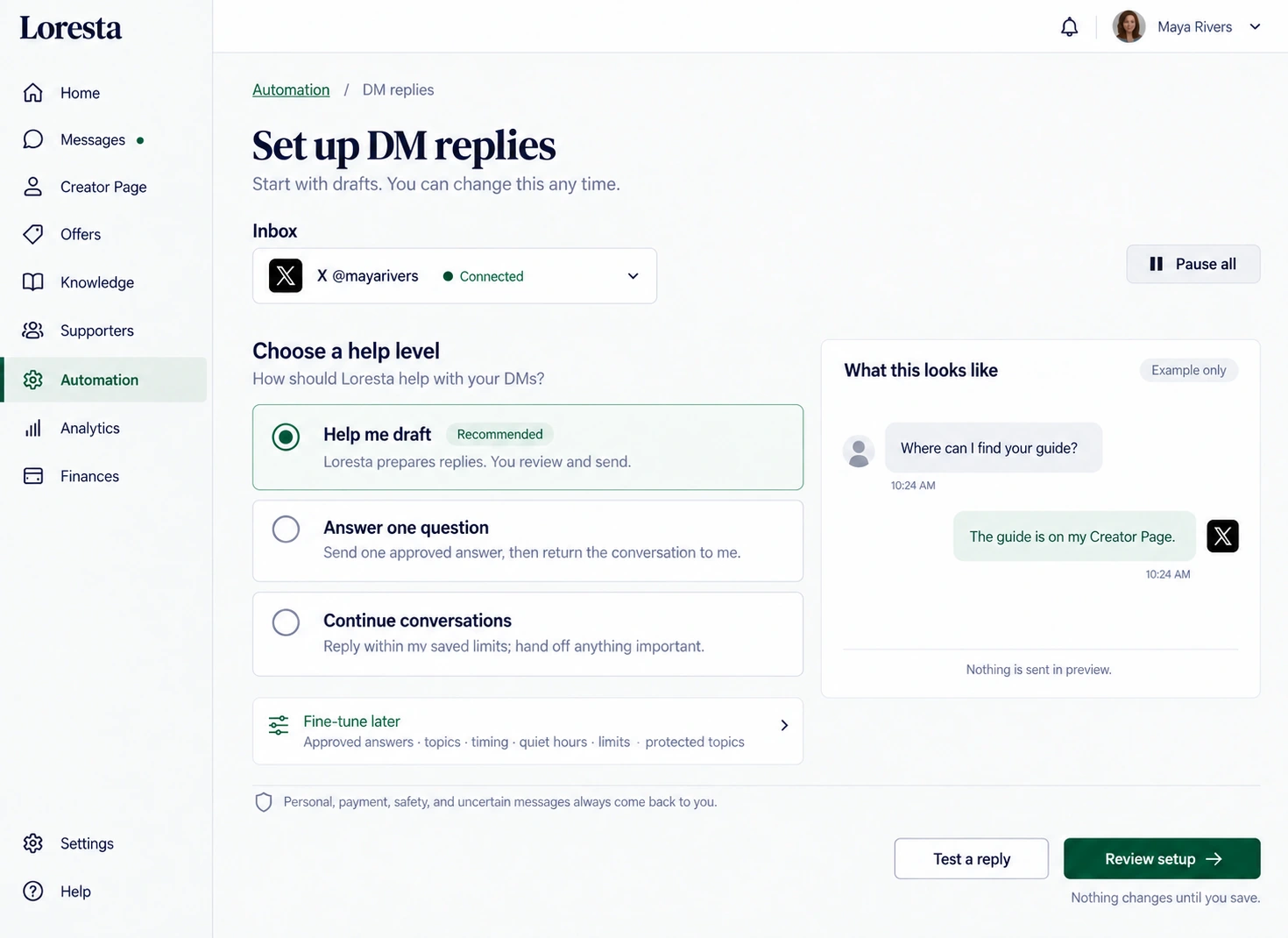 Illustrative DM reply setup with help levels, a preview and a pause control